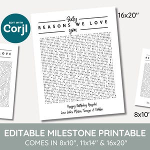 Op de afbeelding: Printbare mijlpaalposter met de tekst "Zestig redenen waarom we van je houden" in zwarte tekst op een witte achtergrond. De poster is verkrijgbaar in drie formaten: 20,3 x 25,4 cm, 27,9 x 35,6 cm en 40,6 x 50,8 cm.