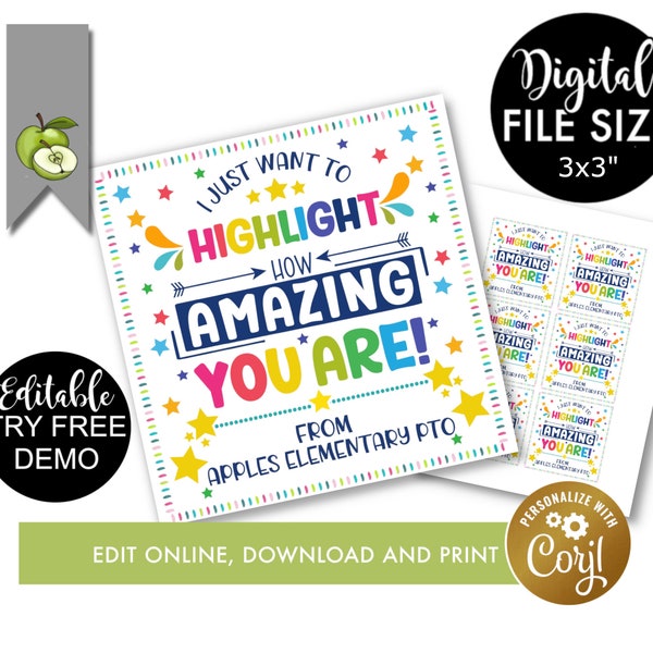 editable highlighter tag teacher appreciation gift tag, I just want to highlight how amazing you are! pen stationery highlighters staff, PTO