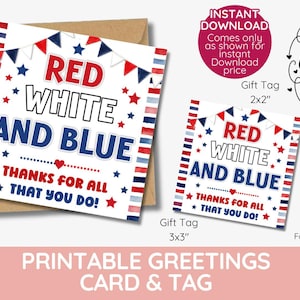 Rood, wit en blauw: bedankt voor alles wat je doet! Afdrukbare kaart | Patriottische waarderingskaart | Direct downloaden
