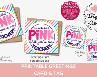 Dolblije cadeaulabels en kaartjes voor de juf of meester: "Ik ben dolblij dat je mijn juf of meester bent!", roze cadeaumand, meisjesachtig, printbaar, direct te downloaden.
