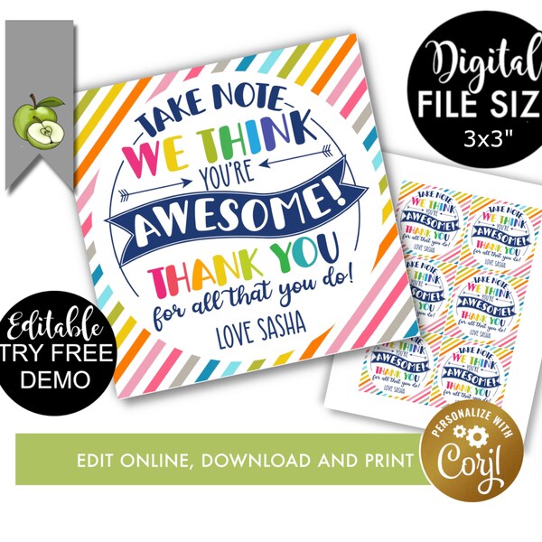 just a note stationery gift tags, to say you're awesome, Teacher staff volunteer Appreciation, pen notes books gift tag, editable Printable