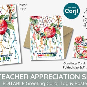 Bearbeitbares Geschenkset für Lehrer Wertschätzung, Traum großes Geschenkset, druckbare Vorlage, Kindergarten, Ende des Schuljahres, Danke, Anhänger und Kartenset Apfel