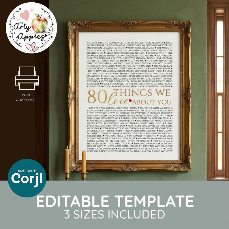 K&ouml;nnte beinhalten: Ein gerahmter Druck mit dem Text 80 THINGS WE LOVE ABOUT YOU in Gold und Schwarz, umgeben von einer Liste pers&ouml;nlicher Gr&uuml;nde, die durch kleine Herzsymbole getrennt sind. Das Design befindet sich in einem verzierten Goldrahmen.