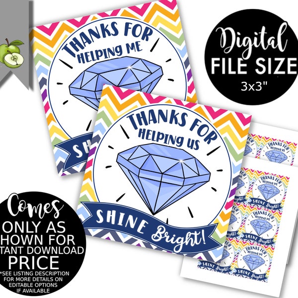 thanks for helping us shine bright gift tags, bright like a diamond Teacher appreciation jewellery gift, end of year printable mentor coach