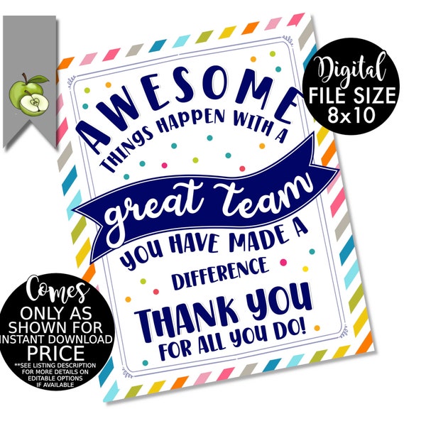 Great Team staff appreciation sign, Great team, Thank you staff, staff favour tag, Printabl,  8x10", INSTANT DOWNLOAD, great teamwork