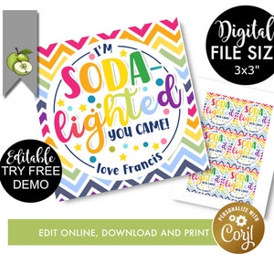 Editable Soda-lighted you came printable gift tag, birthday party favor, I'm SODA-lighted teacher appreciation printable, favor tag, rainbow