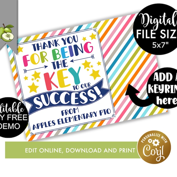 Editable Key to our success, employee gift tags, keyring keychain tag, printable gift tag, Appreciation, successful students, graduate