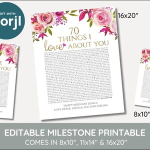 Op de afbeelding: Printbare mijlpaalposters met bloemaccenten, verkrijgbaar in formaten van 20,32 x 25,4 cm, 27,94 x 35,56 cm en 40,64 x 50,8 cm. Elke poster bevat een lijst met dingen die geliefd zijn aan een persoon, met de tekst "60 Things We Love About You", "70 Things I Love About You" en "80 Things I Love About You".