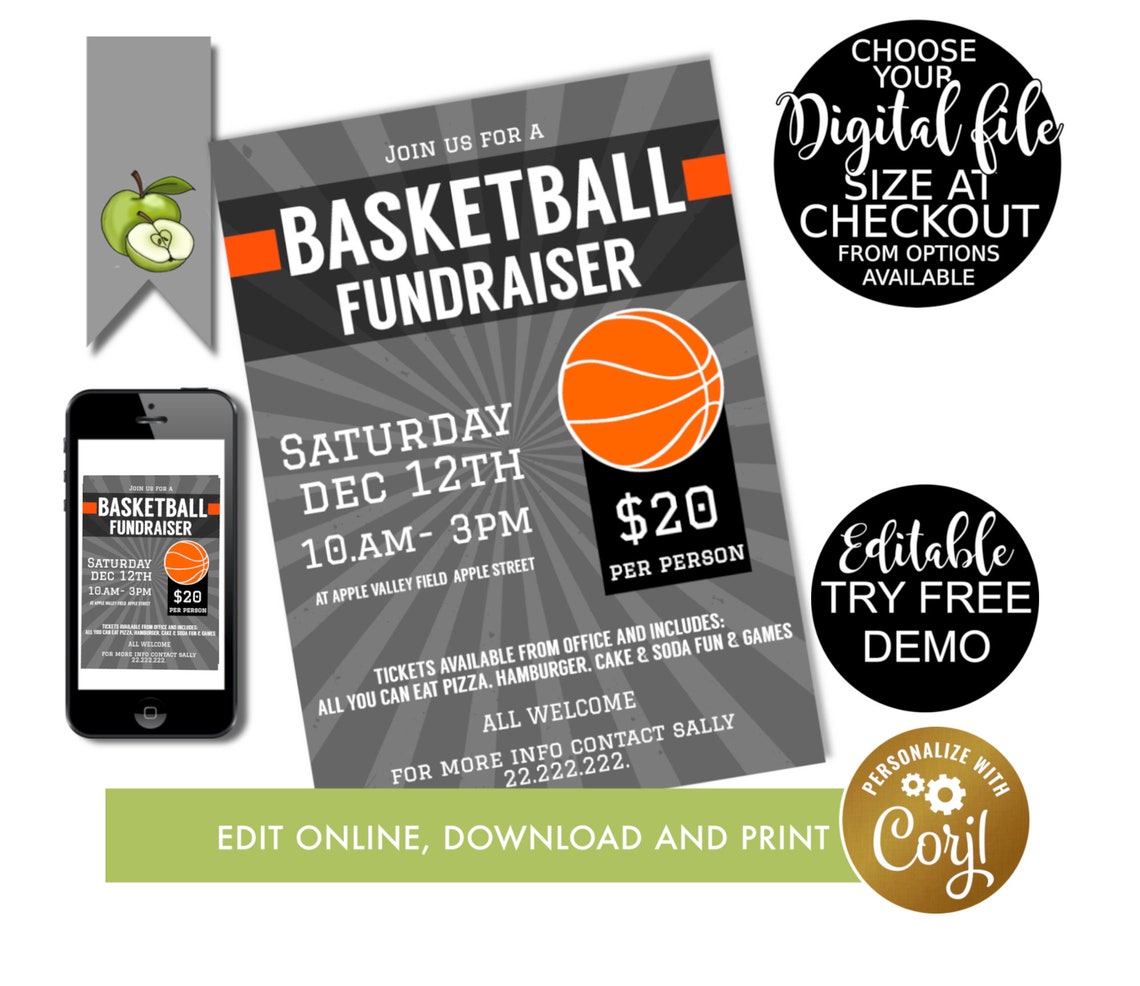 Editable Basketball fundraiser flyer template school sports Etsy