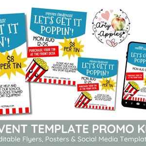Editable popcorn event, Printable PTA PTO Flyer, popcorn fundraiser, popcorn party theme, school theme printable , school fundraiser
