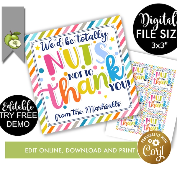 editable we'd be totally nuts if we didn't thank you gift tag, mixed nuts day, hamper tag, appreciation, peanut, trail mix, INSTANT DOWNLOAD