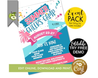 Editable Cheer summer camp Flyer Template, spring break camp, summer cheerleader, digital download festival event, PTO, church Fundraiser