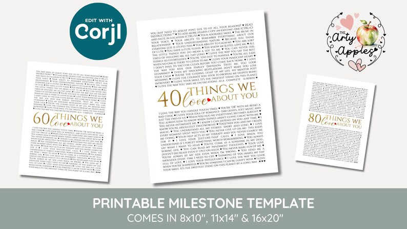 K&ouml;nnte beinhalten: Drei wei&szlig;e, druckbare Meilenstein-Vorlagen mit schwarzen Textlisten, betitelt mit 40, 60 und 80 Things We Love About You, in goldener Schrift mit einem kleinen roten Herz. Die Designs enthalten einen Corjl-Bearbeitungsbutton und ein Arty Apples Logo.
