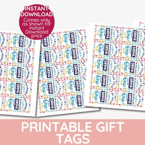 May include: Printable gift tags with a rainbow striped background and the text "It's a celebration, so you can drink one!" in blue and white text. The tags are 5.1 x 8.9 cm.