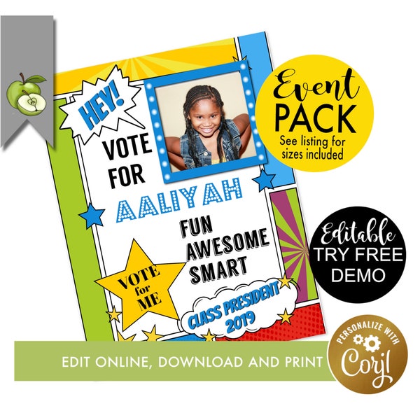 Vote for Class president poster, editable Printable, PTO Fundraiser, Bright colours, class party poster, template, printable comic theme