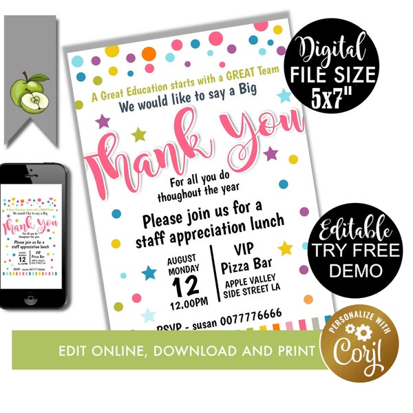 editableThank you luncheon teacher appreciation invite, thank you invite, Printable PTA PTO, thank you event, staff luncheon theme, lunch