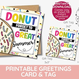 Étiquettes et carte Donut pour passer un bel été – Cadeau de fin d'année à imprimer pour les étudiants, les enfants, les enseignants, les cadeaux de classe