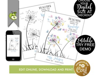editable fingerprint dandelion, template class teachers gift, Teacher Appreciation End of Year, digital download edit on corjl, printable