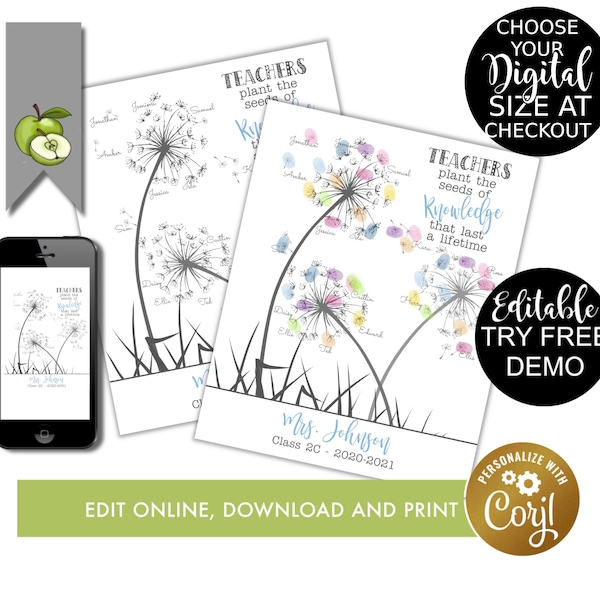 editable fingerprint dandelion, template class teachers gift, Teacher Appreciation End of Year, digital download edit on corjl, printable