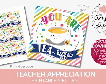 tea bag printable gift tag, tea lover, Tea'riffic, hamper tag, teacher appreciation gift, staff mug gift tags, printable tag, end of year