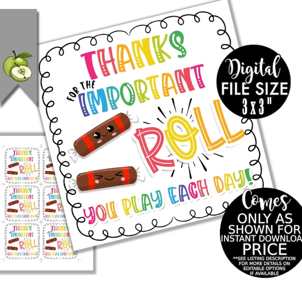 sweet Roll gift tag, Thanks for the important ROLL you play each day!  staff,  Volunteers, team, group, Printable, INSTANT DOWNLOAD,