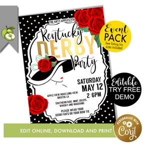 editable Kentucky Derby day party flyer, editable derby event, Red Roses, Bridal Shower Invite, Brunch Engagement Party, INSTANT DOWNLOAD