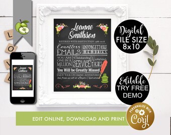 editable Retirement gift for female boss, gift for her, keepsake wall art, editable pdf, Printable custom floral female feminine