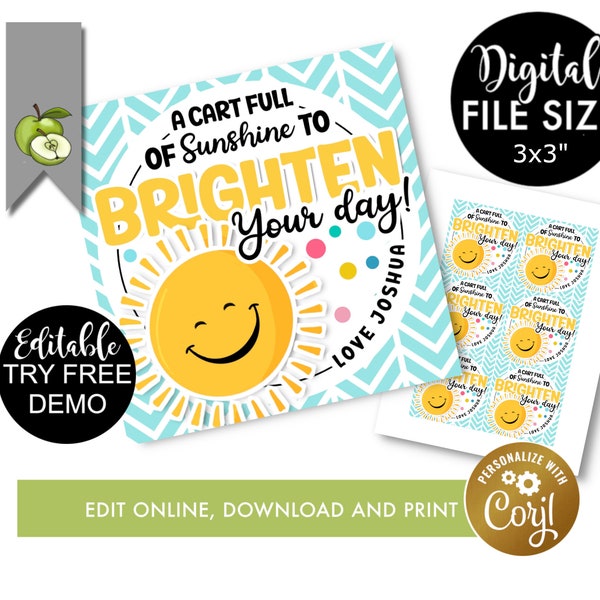 editable A cart full of sunshine to brighten your day! a BAG bucket cart printable gift tag, yellow sun beach, best teacher appreciation