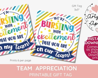 Bursting with excitement that you are on our team printable gift tag, star baseball, football, basketball, Both included, INSTANT DOWNLOAD