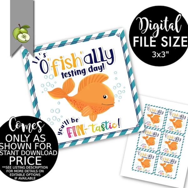 Goldfish printable gift tag, It's o’fish’ally testing day, class teacher SATs exam motivation, grades, jelly fish, cracker, INSTANT download