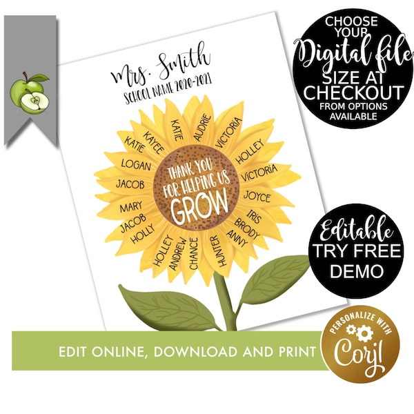 editable sunflower class names for teacher gift, help us grow, Teacher Appreciation week Gift, Retirement present, best teacher, printable