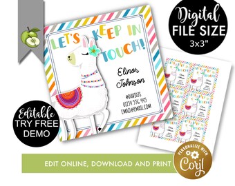 editable keep in touch, summer calling card, mom contact card, llama calling card, KIT Card, printable, end of year, contact card llama