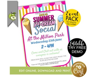 Editable Ice cream social Flyer Template, Ice-cream theme social, poster Template, lolly social Invitation, event invite, PTA PTO Fundraiser