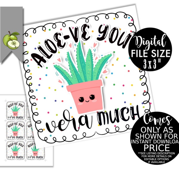 Plant,  Aloe-ve you vera much,  thank you gift tag, Printable, INSTANT DOWNLOAD, aloe plant gifts, valentine day, teacher appreciation