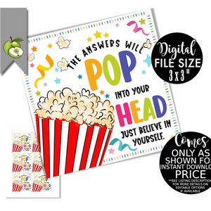 Exam popcorn gift tags,The answers will POP into your head. test, stat, printable gift tag, popcorn,  instant download
