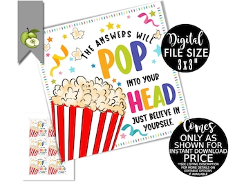 Exam popcorn gift tags,The answers will POP into your head. test, stat, printable gift tag, popcorn,  instant download