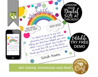 Editable Rainbow Thank you Teacher distance learning gift, poem for teacher, Class, Teacher Appreciation End of year,  digital download