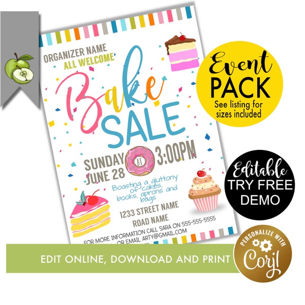 Editable bake sale Template, Cake theme event poster digital download, Cake poster, bake off event flyer, editable, PTA, PTO Fundraiser,