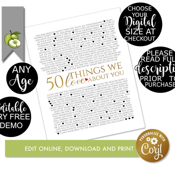 50 reasons we love you, 50th birthday editable template, digital download, 50 things we love about you, edit on corjl birthday printable, Q2
