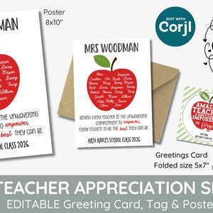 Cartão-presente e etiqueta de agradecimento ao professor da RED Apple editável, nomes de turma editáveis, alunos para impressão, aposentadoria, longo serviço, CORJL