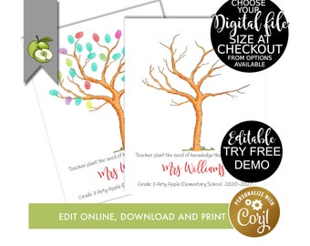 Editable Teacher Appreciation class tree Gift, editable Fingerprint  printable, family tree, template, custom Kids craft, edit yourself
