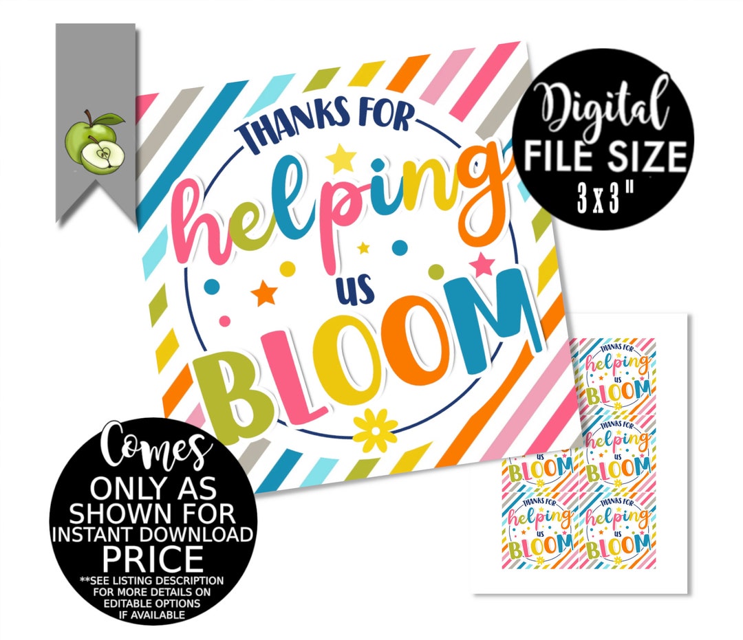 Thank You for Helping Us/me Bloom, Plant Gift Tag, Teacher Appreciation