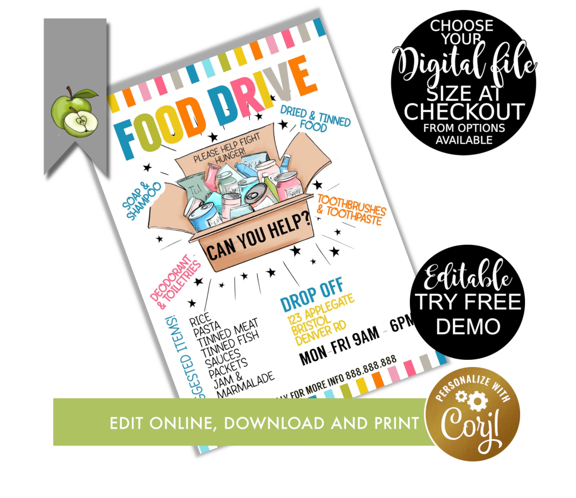 editable FOOD drive Flyer Template, school church collection, food bank  poster, feed the poor, digital download event, PTA PTO Fundraiser Throughout Food Drive Flyer Template