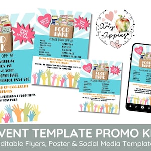 editable FOOD drive Flyer, food bank collection theme, feed the poor, digital event, PTA PTO Fundraiser include social media teamplates