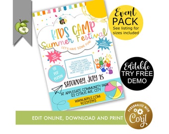 editable kids summer camp fest Flyer Template, spring, summer festival theme, spring break poster, festival, digital download, PTO, church