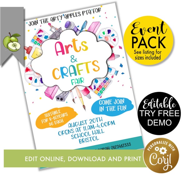 Editable Arts and Craft fair poster, CRAFT fair Template, Art & craft theme, event poster, craft market, art fair, craft seller, PTA, PTO