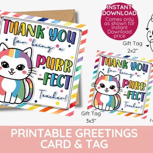 et carte de professeur ronronnant | Cadeau imprimable chat arc-en-ciel | Carte de voeux mignonne d'appréciation de | Merci de fin d'année