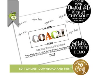 coach signing thank you team gift, editable, sport printable, ideal for retirement, leaving, appreciation gift, photo letters, photography