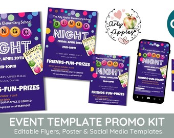 Bingo Night Flyer Editable, Fundraiser invite, digital download, 8x10 & 5x7, Printable PTA PTO Flyer, church event community fundraising
