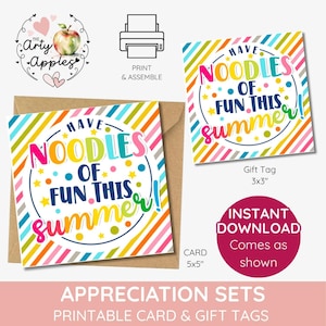 Op de afbeelding: Een vierkante kaart en cadeaulabelset met een regenboogkleurige diagonale streeprand en de tekst HAVE NOODLES OF FUN THIS SUMMER in kleurrijke letters. De kaart meet 12,7x12,7 cm en het label 7,6x7,6 cm, beide voorzien van sterren en stippen.